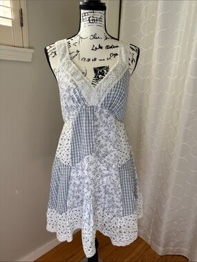 American Eagle Outfitters White & Blue Patchwork Lace-Trim Dress